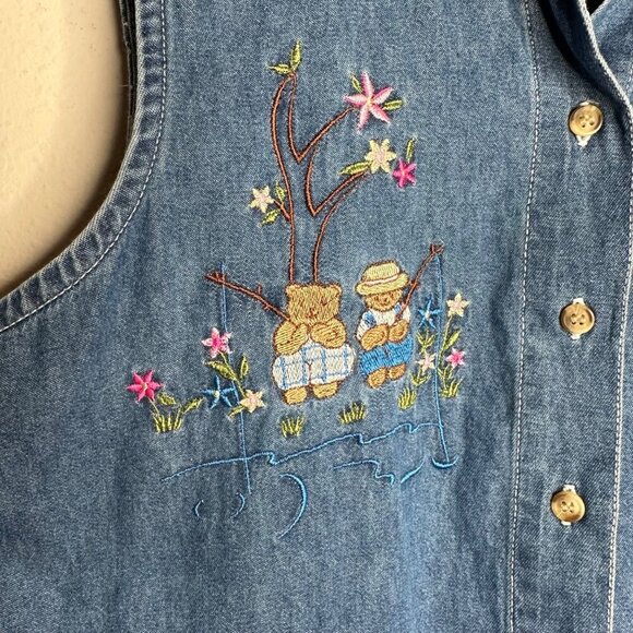 Basic Editions Teddy Bear Embroidered denim sleeveless vintage 90's top Sz Large - Picture 3 of 7
